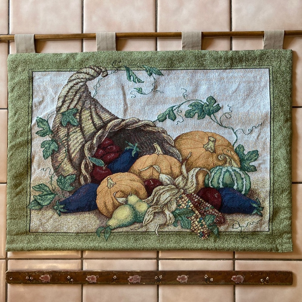 Thanksgiving OCTOBER WEEKEND Cornucopia Pumpkin TAPESTRY Wall Hanging w/WOOD ROD